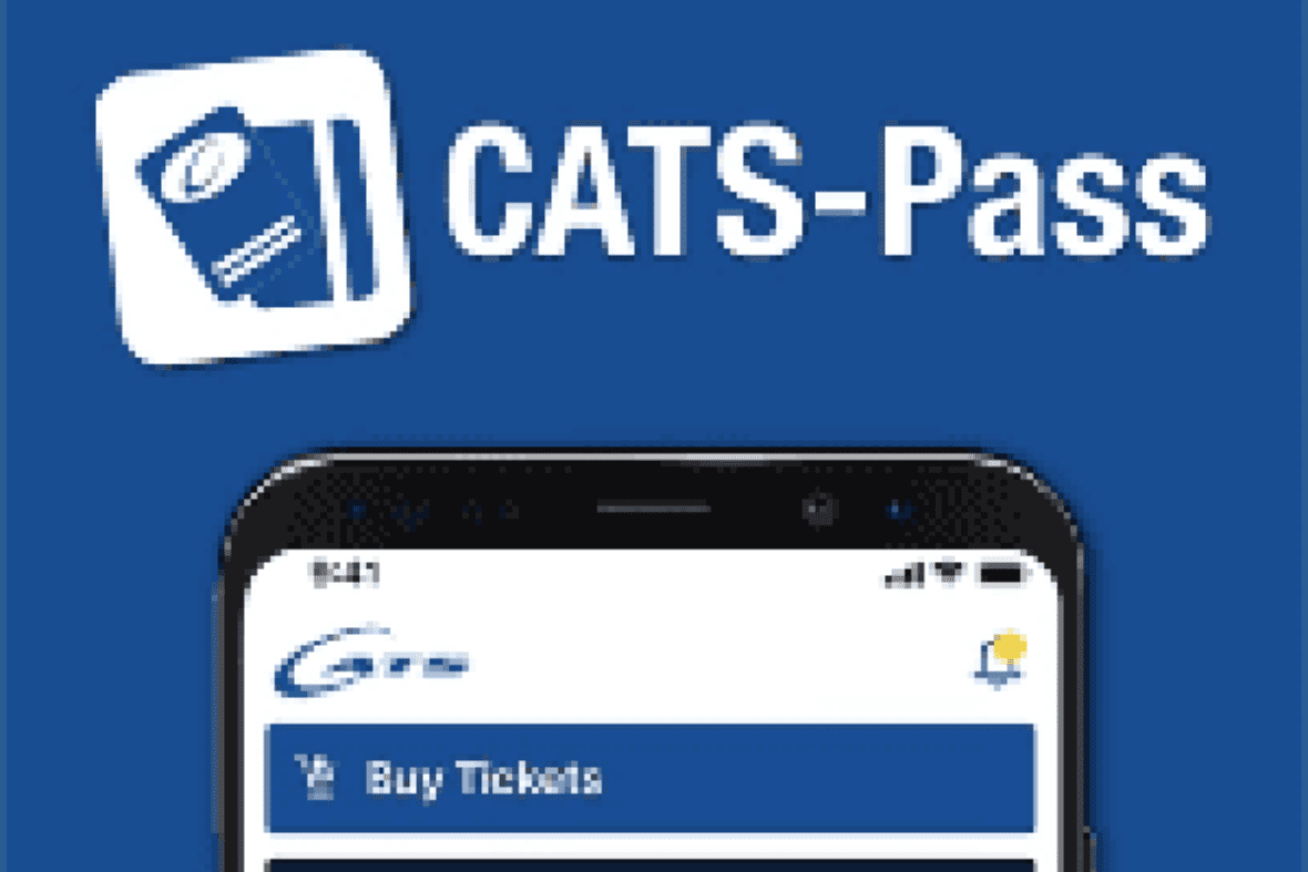 CATS-Pass app advertisement on a smartphone screen with blue background.