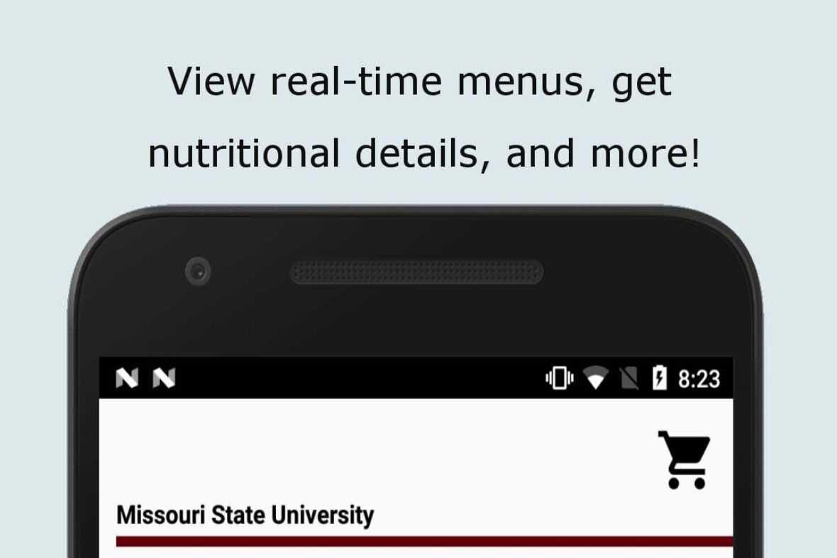 Smartphone screen displaying the Missouri State University dining menu for Grill Nation.