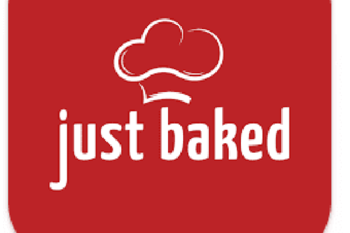 Red logo with white chef's hat and "just baked" text.