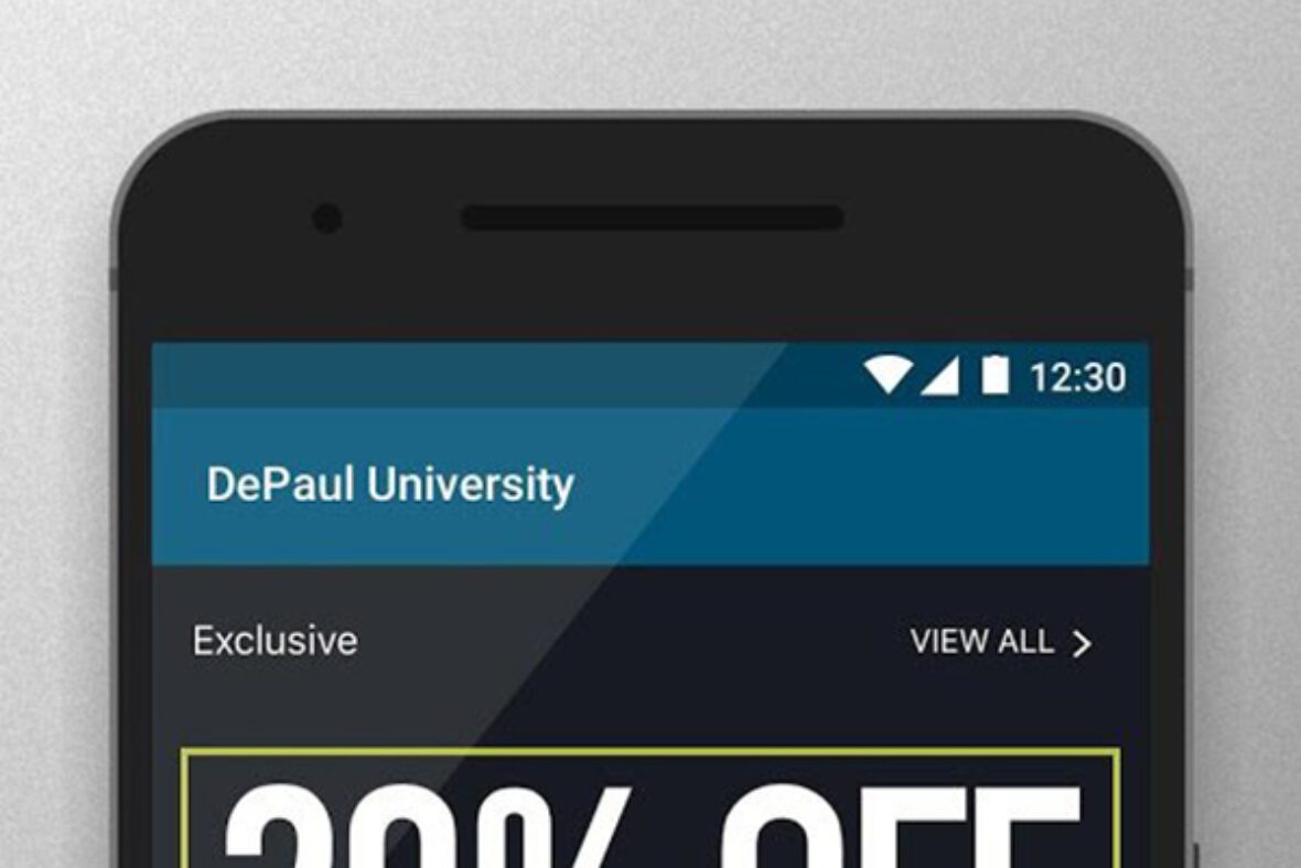 Mobile advertisement for DePaul University offering a 20% discount on school spirit apparel.