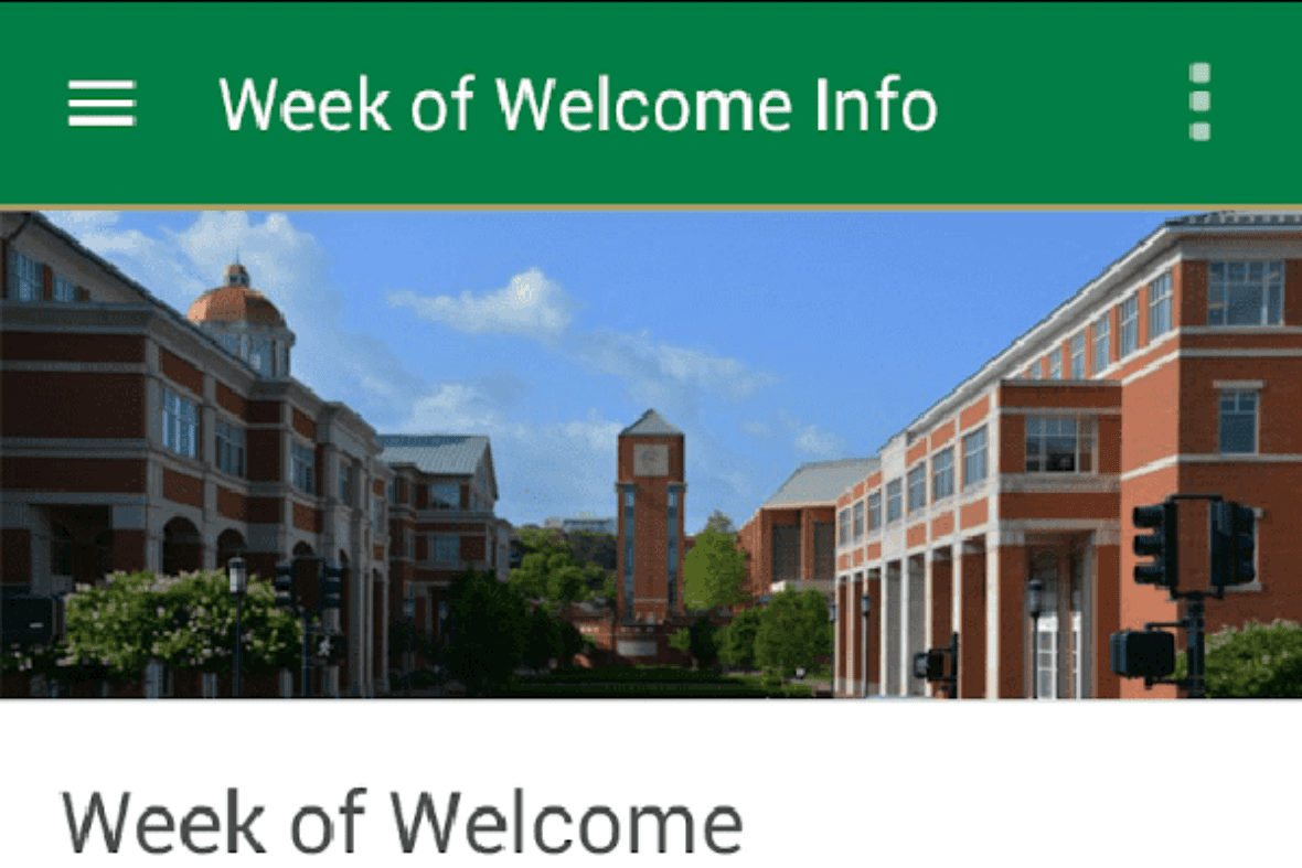 Screenshot of a university event page for Week of Welcome at UNC Charlotte with campus photo and details.