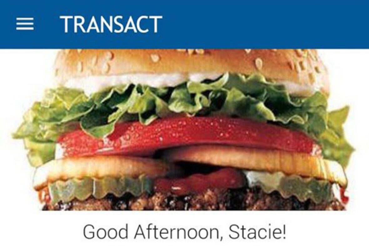 A mobile app interface named "TRANSACT" featuring a hamburger image, greeting message, invite option, and food court listings.