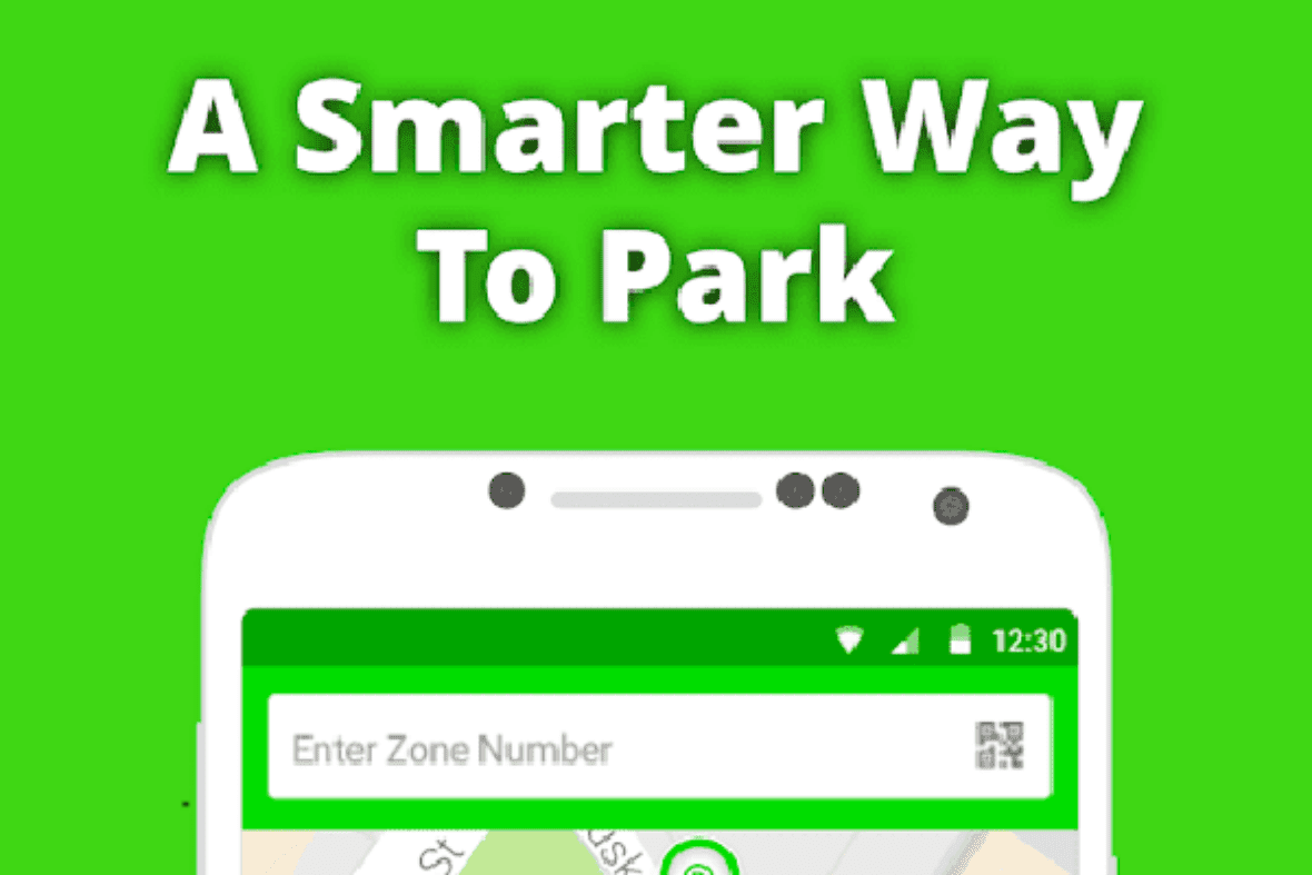 Smartphone interface displaying a map with parking locations marked, set against a green background.