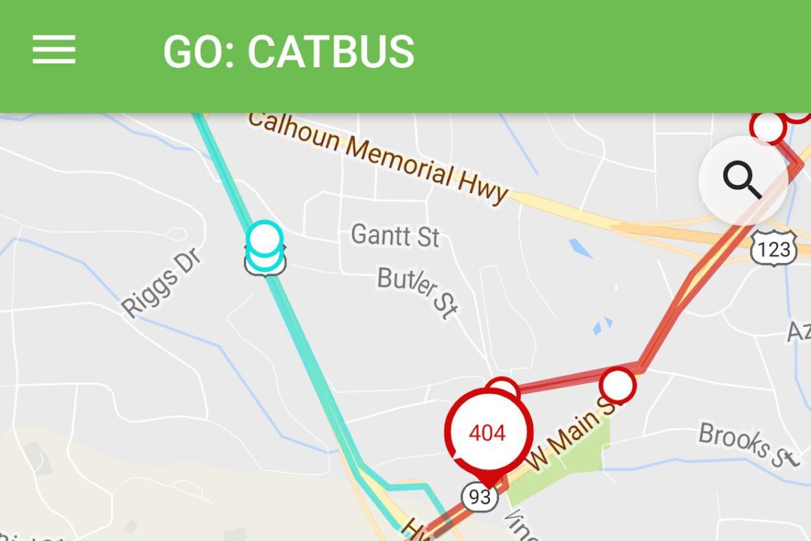 Mobile app map interface showing CATBUS routes with colored lines and markers.