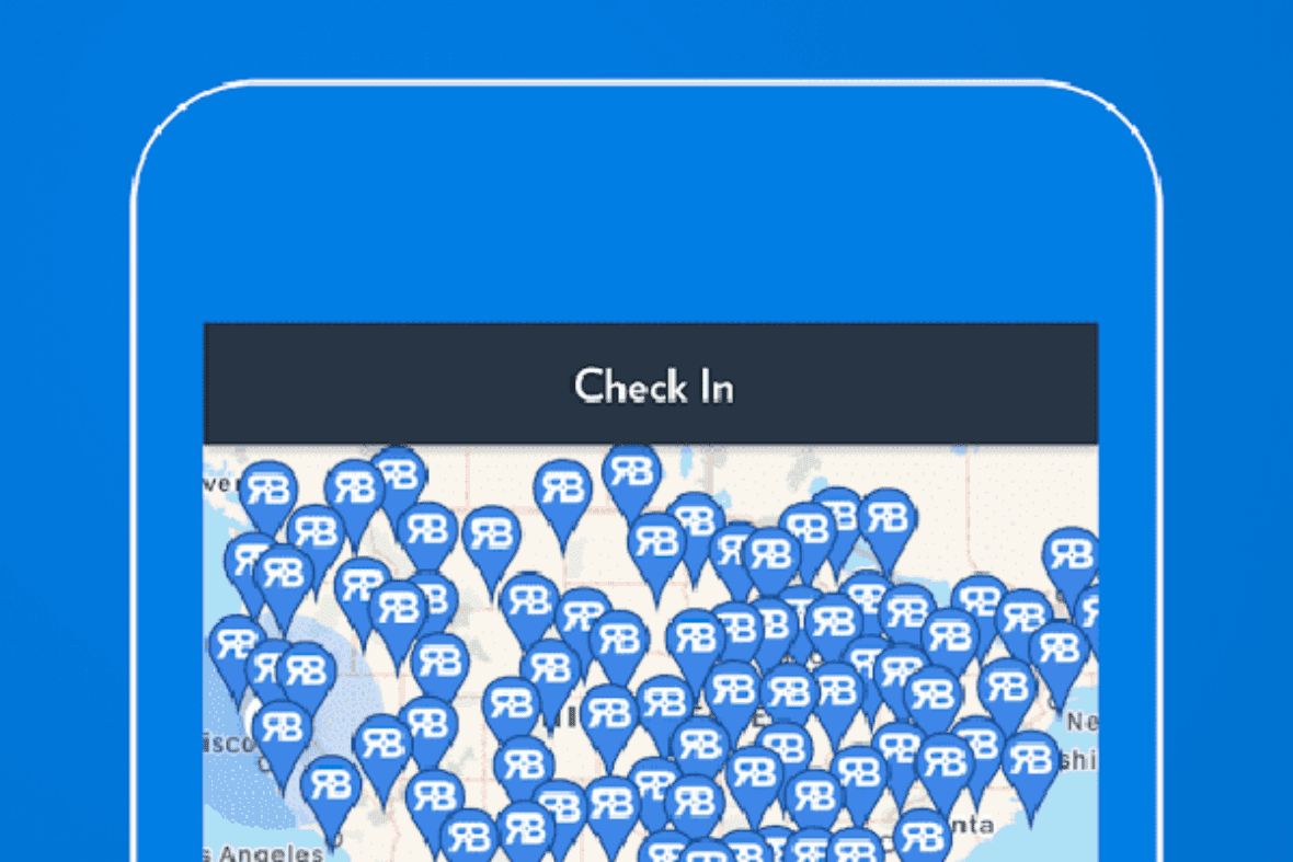 Digital advertisement showing a smartphone with a map filled with location pins and a list of nearby venues.