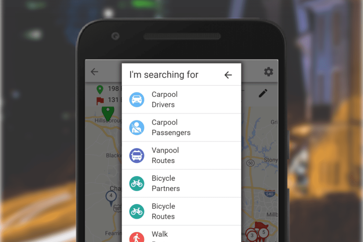 Smartphone showing a transportation app list over a blurred city night scene.