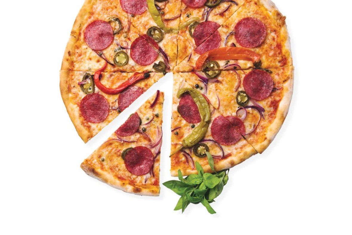 Pizza, basil, smartphone displaying a food delivery app with "University of Houston" and a burger menu.