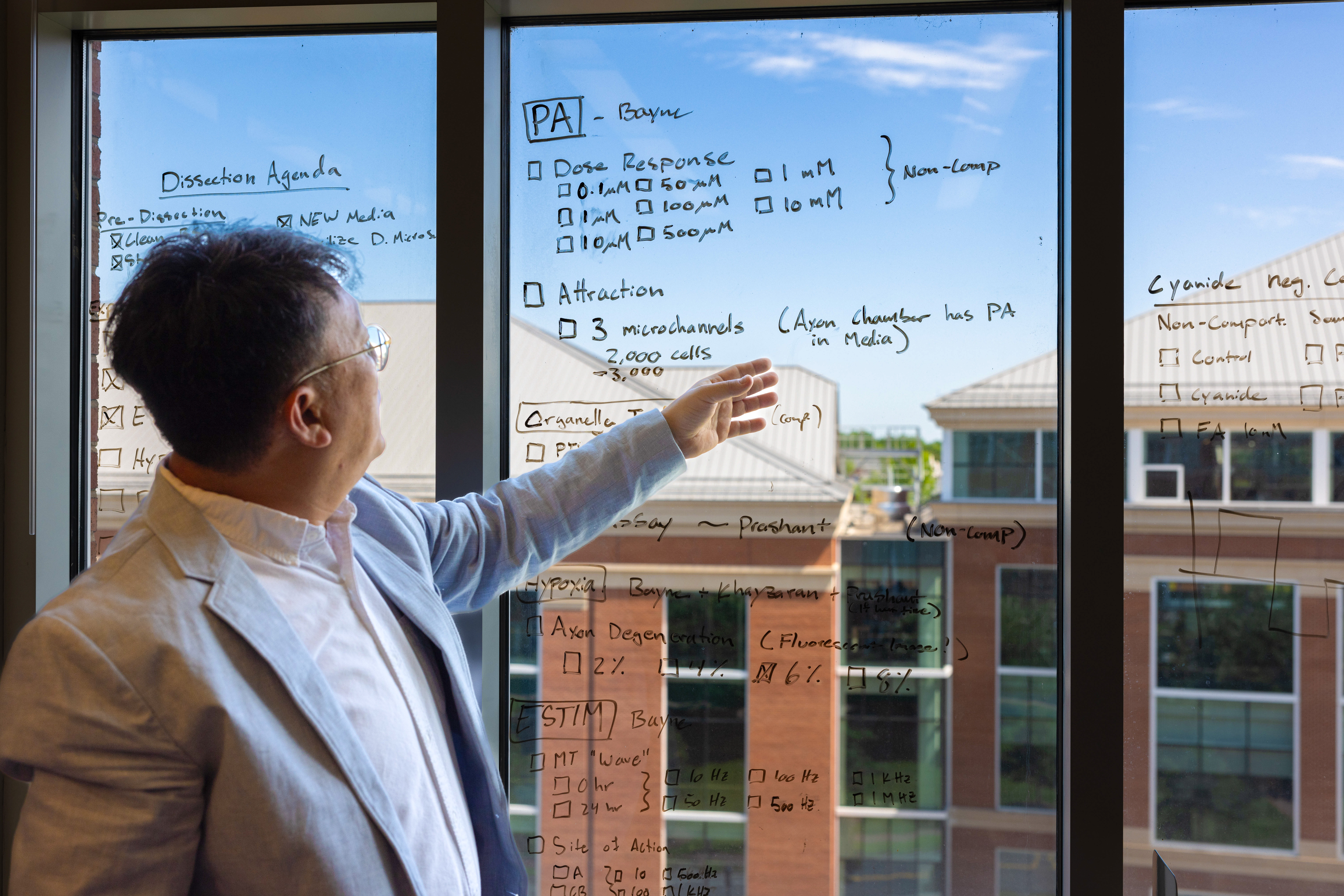 A person in a light blue jacket points at notes written on a large window doubling as a whiteboard.
