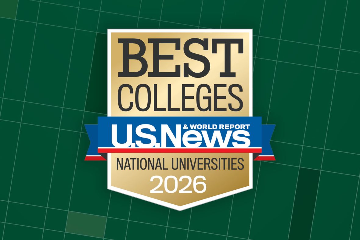 U.S. News & World Report Best Colleges 2026 badge for National Universities on a dark green geometric background.